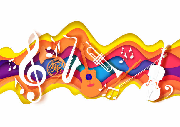 Vector layered paper cut craft style music composition of saxophone guitar trumpet violin music instruments, notes on abstract color background. Jazz concert festival party poster banner card template